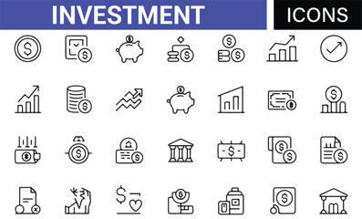 Icon Set of Investment, Finance, Bank, and Currency for Business