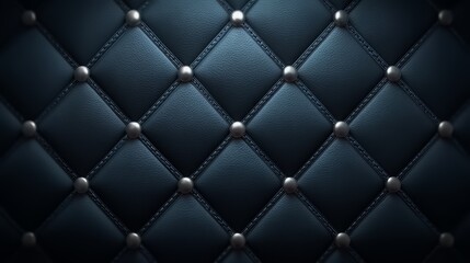 Close up of a black leather surface with silver studs. The surface is made of leather and has a shiny, metallic appearance. The studs are evenly spaced