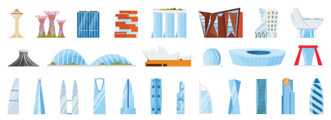 Set of various modern architectural landmarks, world famous buildings, and urban constructions. Different architectural designs from across the globe.
