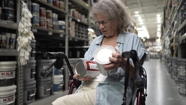 An elderly senior woman examines two cans of paint witting in a walker wheelchair while shopping in a hardware store. She is seated in a wheelchair, focused on color choices and restoration projects.