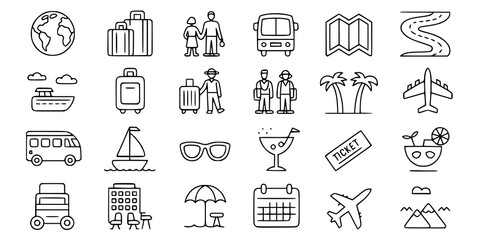 Travel Icons: A minimalist line art illustration depicts a collection of travel-related icons, including transportation, luggage, and destination symbols.
