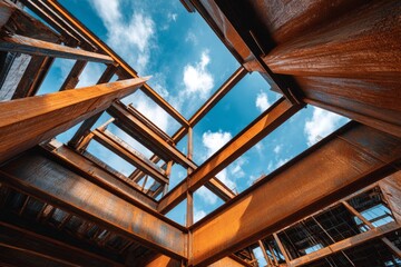 Obraz premium Low angle view of a rusty metal structure against a cloudy blue sky