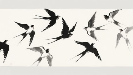 Fototapeta premium Monochrome Illustration of Swallows in Flight