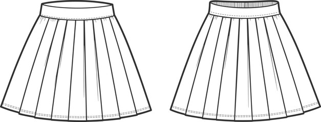 Cad drawing flat vector illustration of pleated skirts, technical fashion sketch, apparel template, line art design, front view, minimal
