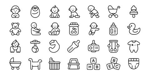 Baby Icons: A simple line art illustration depicts a comprehensive set of baby-related icons, showcasing various developmental stages and essential items.