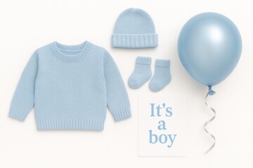 Light blue color baby sweater with a matching hat, socks, a balloon, and an announcement card with 'It's a boy' lettering, baby shower ideas