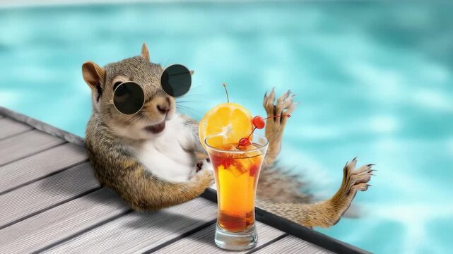 A squirrel relaxes poolside wearing stylish sunglasses, sipping a colorful drink garnished with fruit. The warm sun highlights this leisurely moment of fun and enjoyment