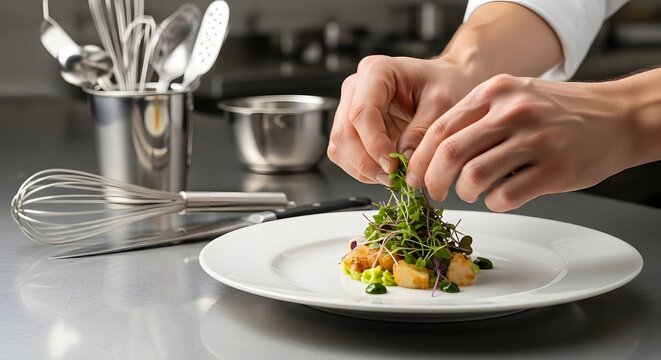 Chef meticulously plating gourmet dish, showcasing culinary expertise and fine dining presentation.