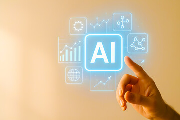 Close-up of a human hand interacting with a glowing artificial intelligence interface projected in the air, featuring digital icons and graphs symbolizing AI, data, machine learning