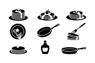 Stacked pancakes with syrup and butter fork and frying pan bottle vector