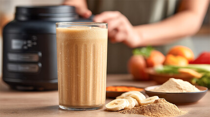Smoothie glass filled with creamy beverage sits on wooden table, surrounded by fresh fruits and ingredients, showcasing healthy lifestyle and nutritious choices for wellness