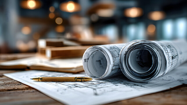 Architect rolls and architectural plan with technical project drawings, highlighting a professional planning and design environment.