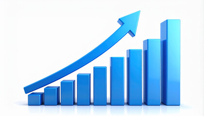 A 3D blue bar chart showing increasing data with a rising arrow, symbolizing growth or progress.
