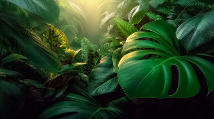 Fototapeta premium Lush green jungle with a large leafy plant in the foreground. The leafy plant is surrounded by many other plants, creating a dense and vibrant environment