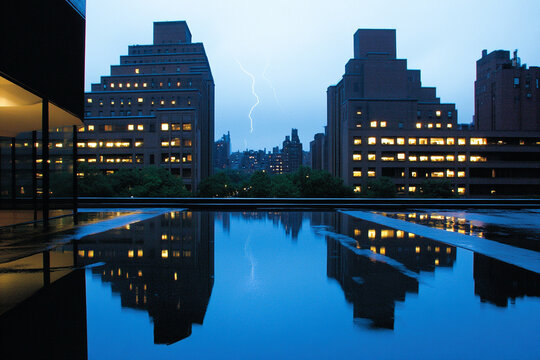 Dramatic lightning strike illuminates stormy city skyline