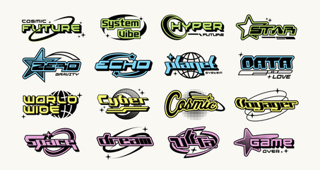 Retro-futuristic Y2K vector text logos with space, cyber, and gaming themes. Perfect for techwear, streetwear, apparel prints, covers, and digital branding.