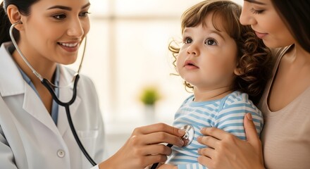 A doctor examining a young child with a stethoscope while the parent is present. Focus on medical checkup healthcare and child wellness.