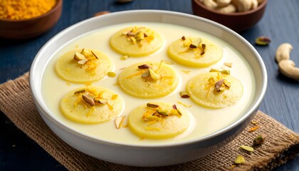 Traditional Indian Rasmalai sweets soaked in creamy milk, garnished with chopped nuts, served in a white bowl, festive dessert.