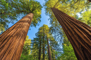 Majestic redwood trees rise towards a clear blue sky