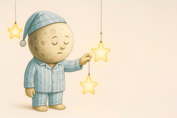 A month in pajamas turns off the starlight before going to bed. Space for text.