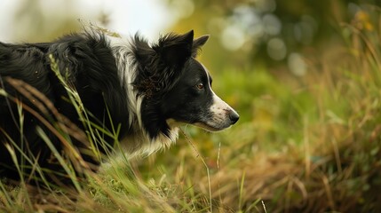
A border collie spots its prey and prepares to pounce. Side view shot.