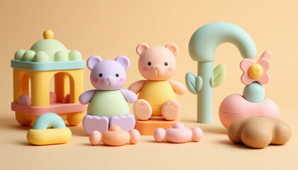 Children's rubber toy set on pastel cream background