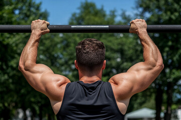 Man does pull-ups in sunny park surrounded by trees