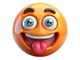 A bright orange emoji with wide eyes and its tongue sticking out, conveying a silly and excited emotion isolated on transparent background