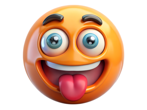 A bright orange emoji with wide eyes and its tongue sticking out, conveying a silly and excited emotion isolated on transparent background