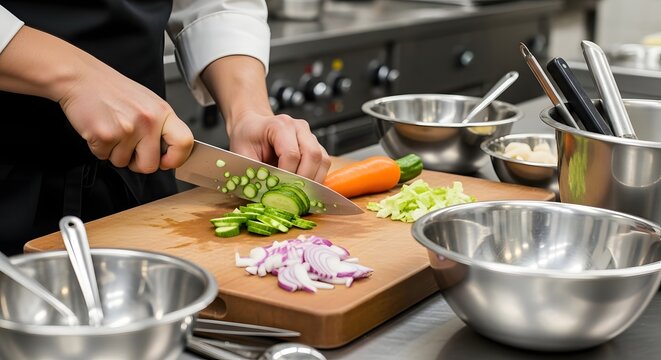 Chef expertly chopping fresh vegetables on wooden cutting board