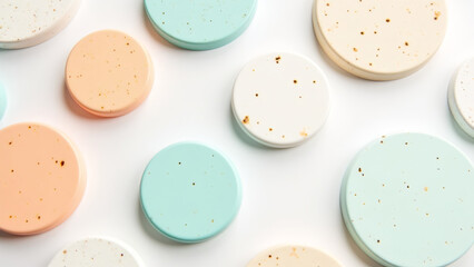 Fototapeta premium Pastel circular coasters on a white surface creating a simple pattern