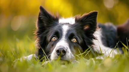 Fototapeta premium A border collie spots its prey and prepares to pounce. Side view shot.