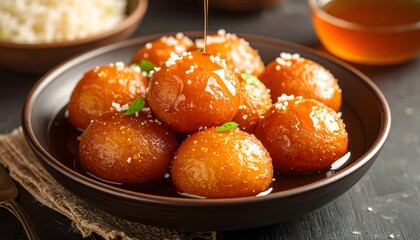 Close-up front view of golden brown Indian Gulab Jamun sweets soaked in sugar syrup, garnished with sesame seeds and fresh mint, served in a dark bowl with syrup drizzle.