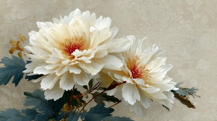 Two white flowers with red centers are displayed in a blue and white background. The flowers are arranged in a way that they appear to be in a vase, with the stems extending outwards