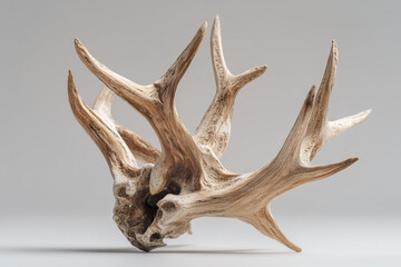 Close up of a deer antler rack with multiple points against a light gray background wildlife animal