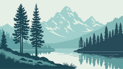 Majestic mountains reflected in a serene lake surrounded by forest