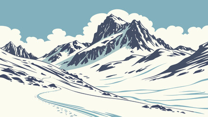 Majestic snowcapped mountains under a clear blue sky with fluffy clouds