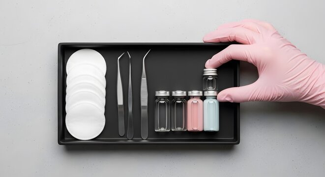 Person in pink glove arranging medical vials and tools in a black tray on a gray surface. Featuring cotton pads and various medical equipment.