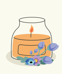 Flat Design Illustration with Candle at Sand,Flowers