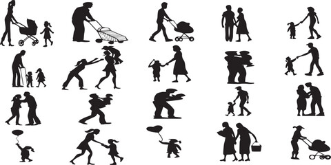 People Silhouettes – Adults & Children in Motion, Urban Lifestyle, Family Activities, Outdoor Fitness, Dynamic Interaction