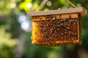 Close up of a wooden beehive frame covered in many busy bees and golden honeycomb apiary beekeeping