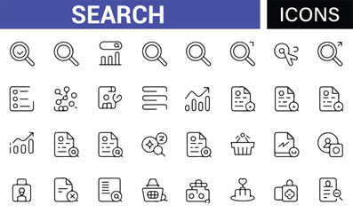 Icon Set Representing Search Tools for Documents, Files, and Research