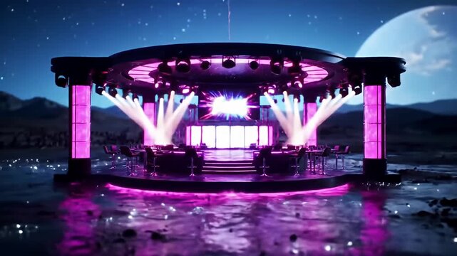 Flooded stage with tables and chairs beneath a spotlight, bathed in neon light, at night