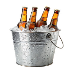 Four amber beer bottles chilled in a galvanized ice bucket