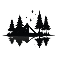 Obraz premium Silhouette of a forest scene depicting tent reflections and stars in a nighttime nature landscape.