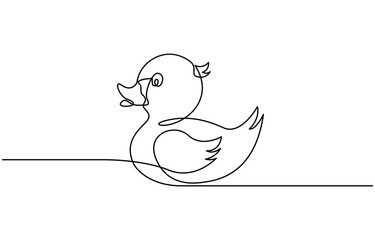 Rubber duck in single continuous line,  drawing Bath duck hand drawn outline doodle icon, Symbol of children's department in store. 