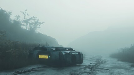 Fototapeta premium Futuristic Vehicle Abandoned in Foggy Landscape with Greenery