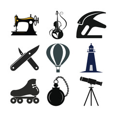 Sewing machine violin helmet hot air balloon lighthouse roller skate wrecking ball telescope vector