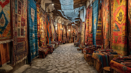 Naklejka premium A traditional market with handwoven tapestries