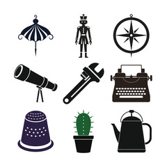 Vintage objects collection including umbrella soldier compass telescope wrench typewriter thimble cactus teapot